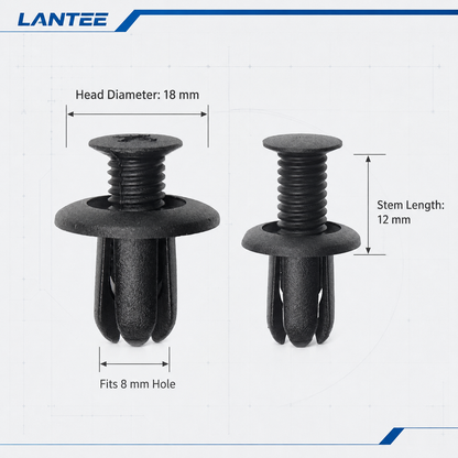 Lantee 8mm push-type retainer clip dimensions