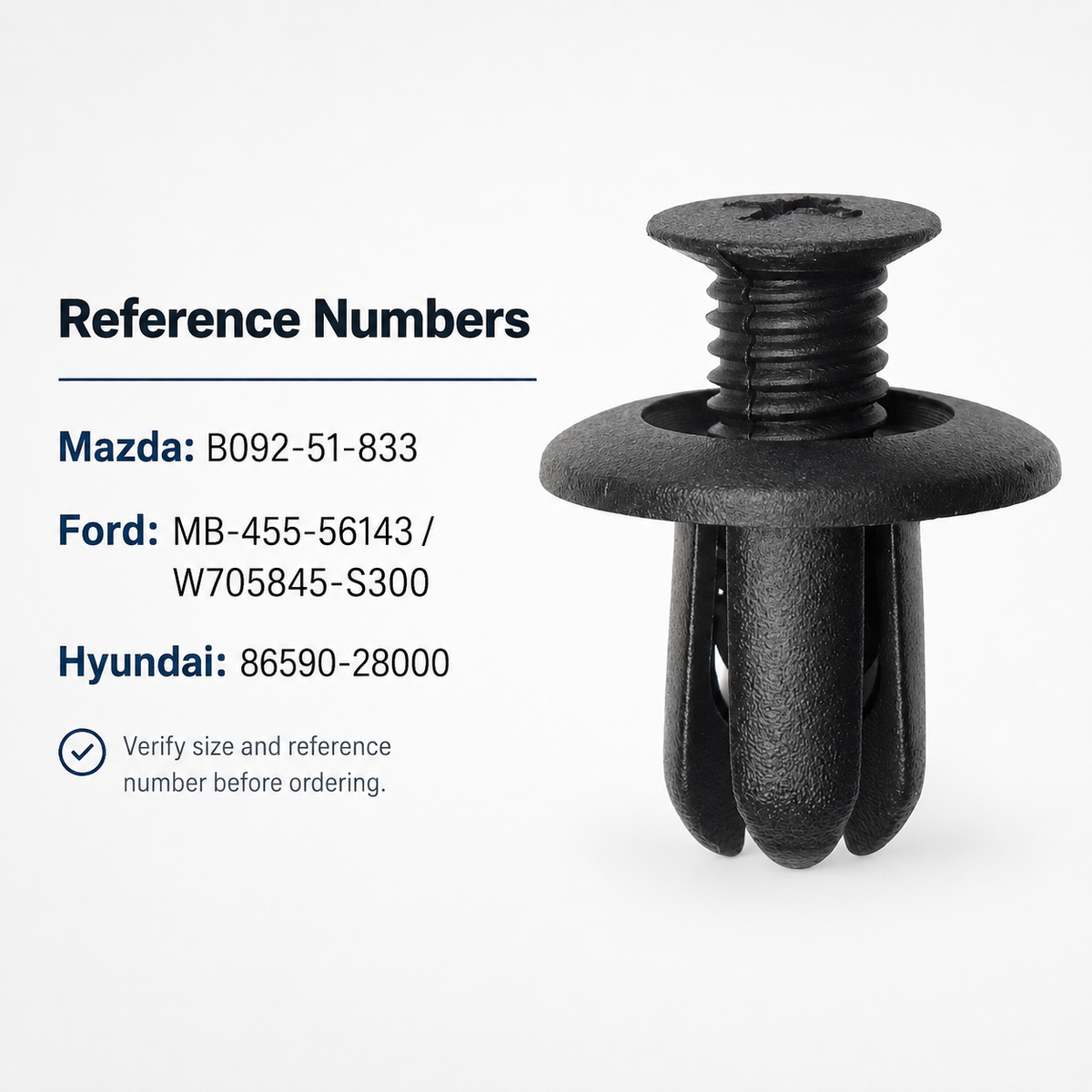 Reference numbers for Lantee Mazda Ford and Hyundai retainer clips